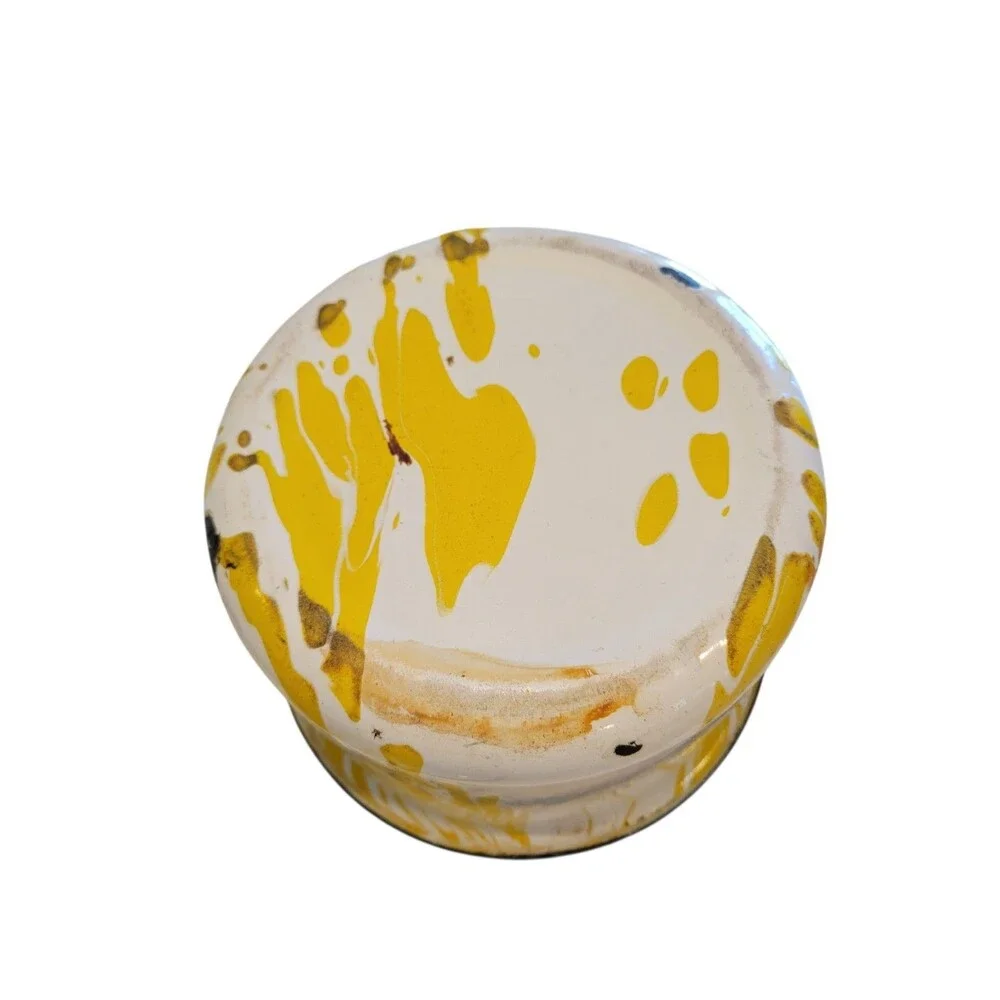 Vintage Enamel Double Boiler Yellow Splatter Lid Saucepan